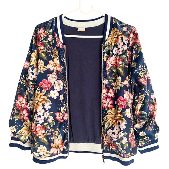 Zara Girls Navy Floral Satin Bomber Jacket [US 11/12] - Picture 4 of 11